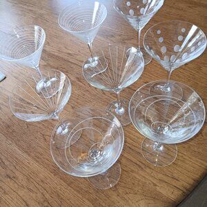 Set of 8 MIKASA CHEERS Etched Crystal Stem Martini Glasses 7.5”H 4.75dm